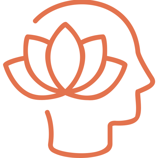 Outline of a human head in profile with a lotus flower overlapping the brain area, symbolizing mental wellness, mindfulness, and the nurturing impact of Family Support Services on emotional well-being.