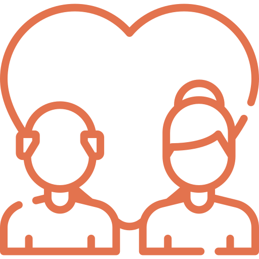 Outline icon of two people, one with short hair and one with long hair in a bun, connected by a large heart shape in the background, symbolizing Family Support Services.